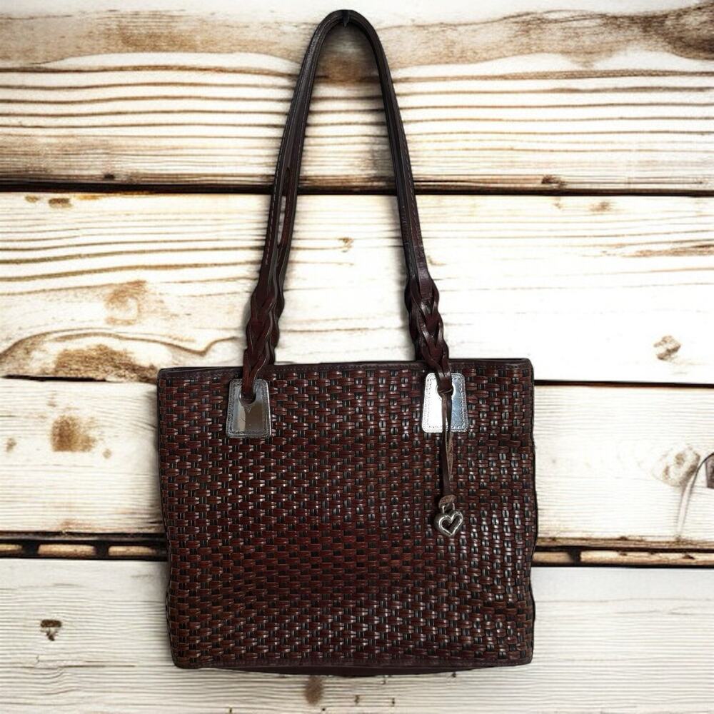 Brighton Brown Leather Basket Weave Design Tote Handbag Purse‎ Vintage